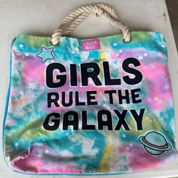 Limited Too "Girls Rule The Galaxy" Tie Dye Tote Bag 100% Cotton 14" Height - Picture 5 of 16